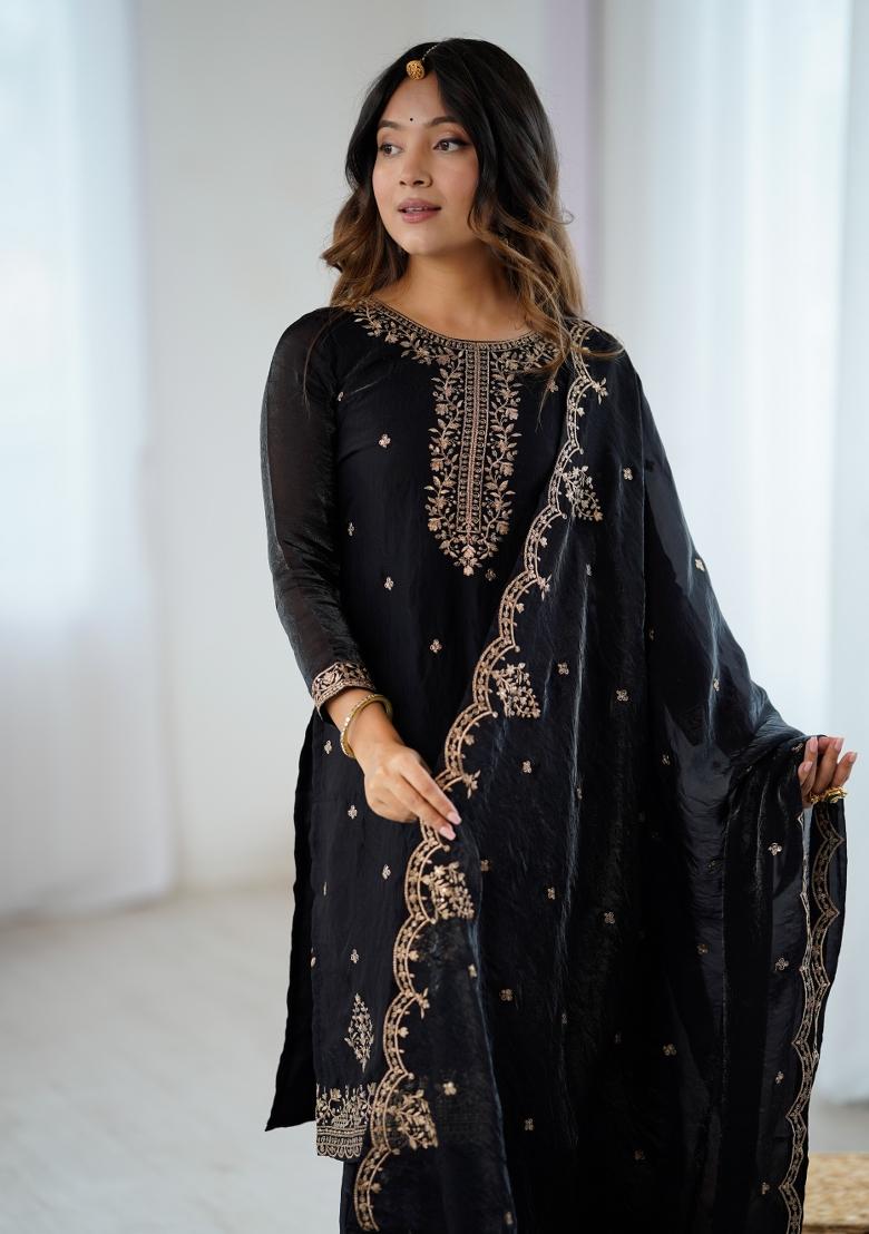 Black Embroidery Sequence Silk Kurta Set With Dupatta - Indya