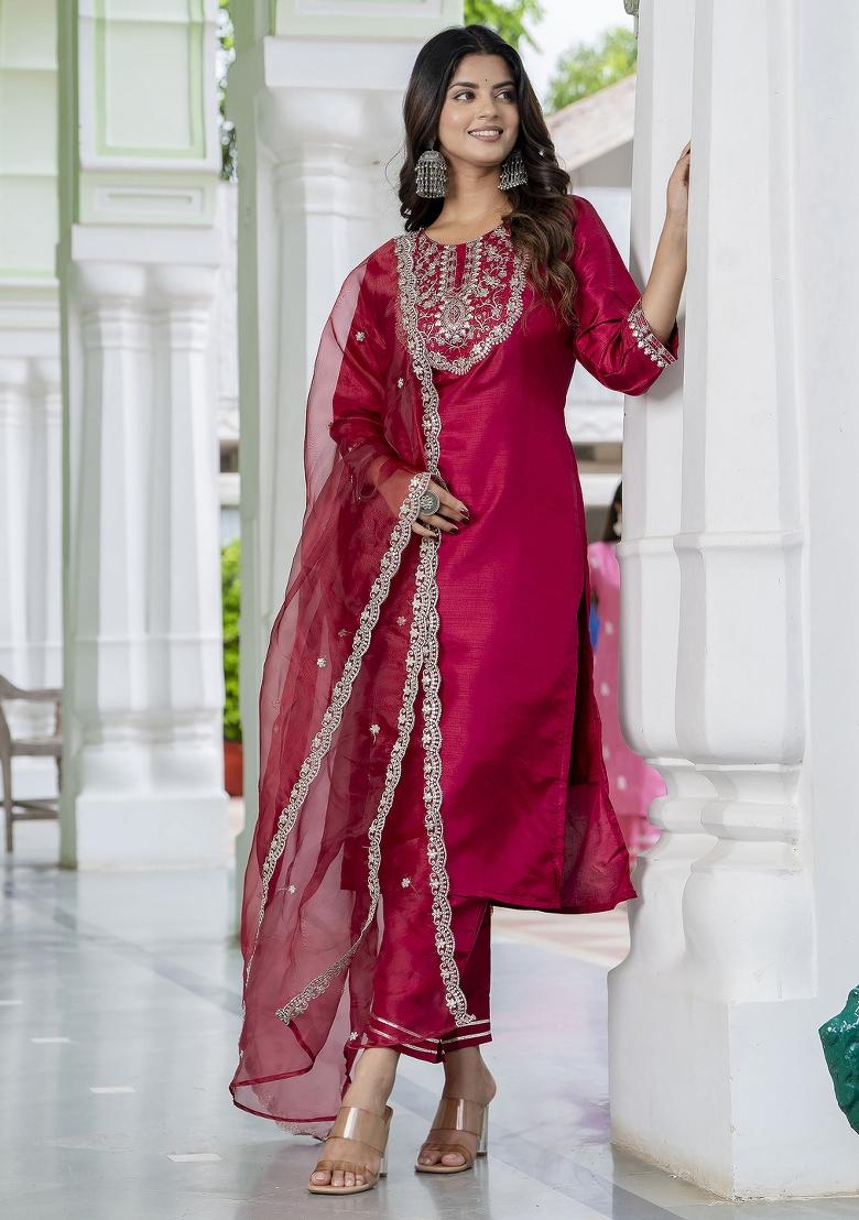 Cherry Red Embroidered Silk Blend Kurta Set - Indya