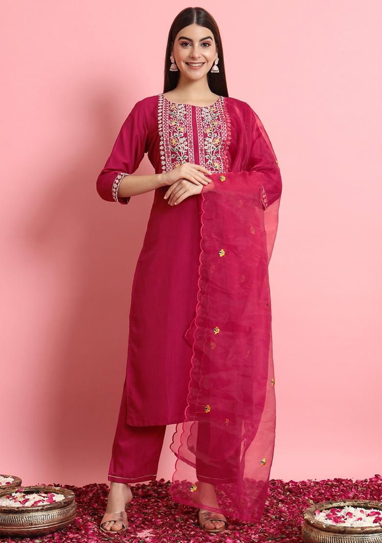 Cherry Pink Embroidered Silk Blend Kurta Set - Indya