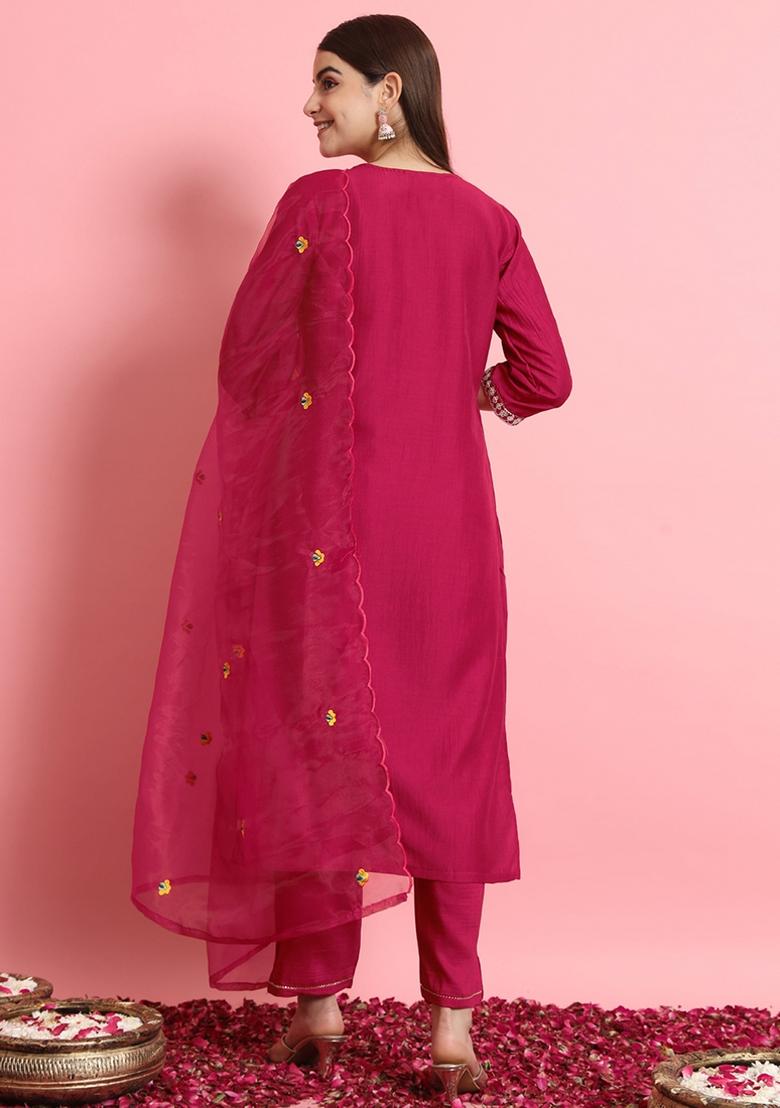 Cherry Pink Embroidered Silk Blend Kurta Set - Indya