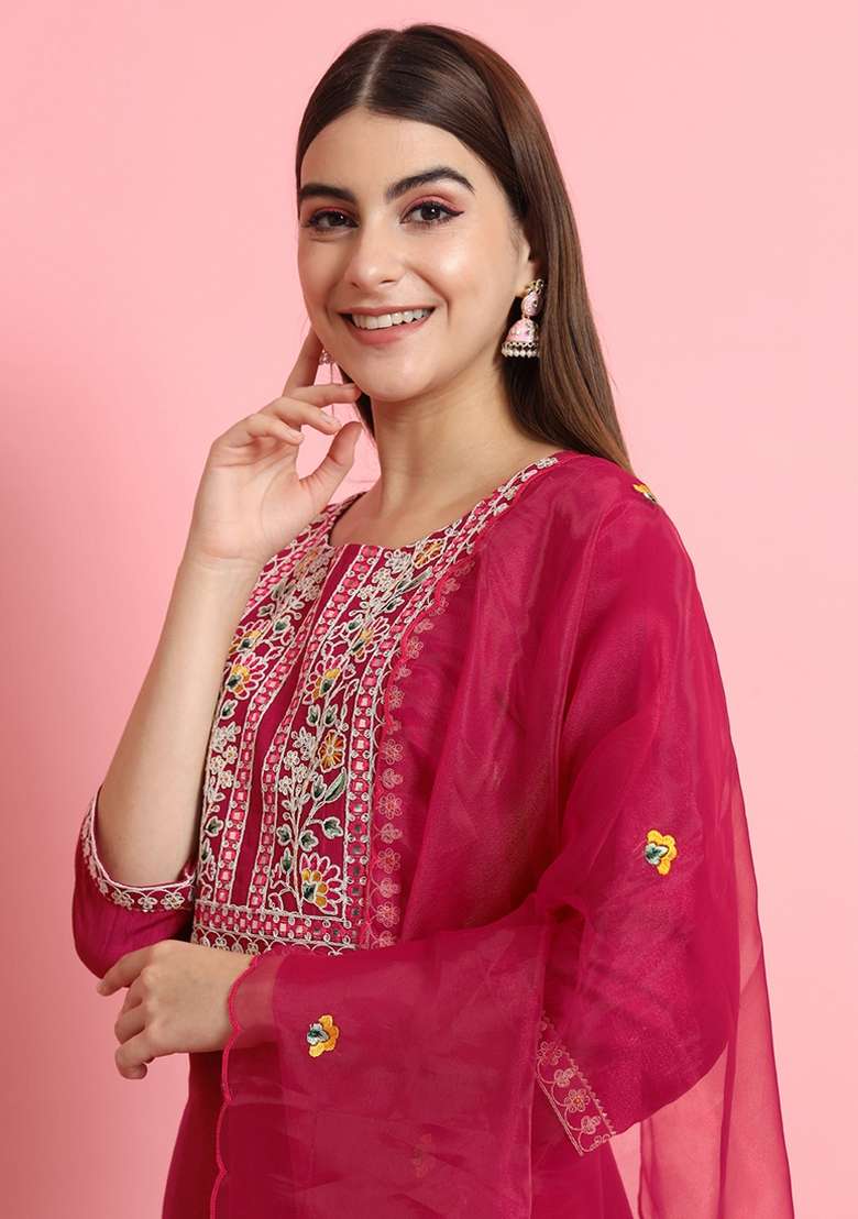 Cherry Pink Embroidered Silk Blend Kurta Set - Indya