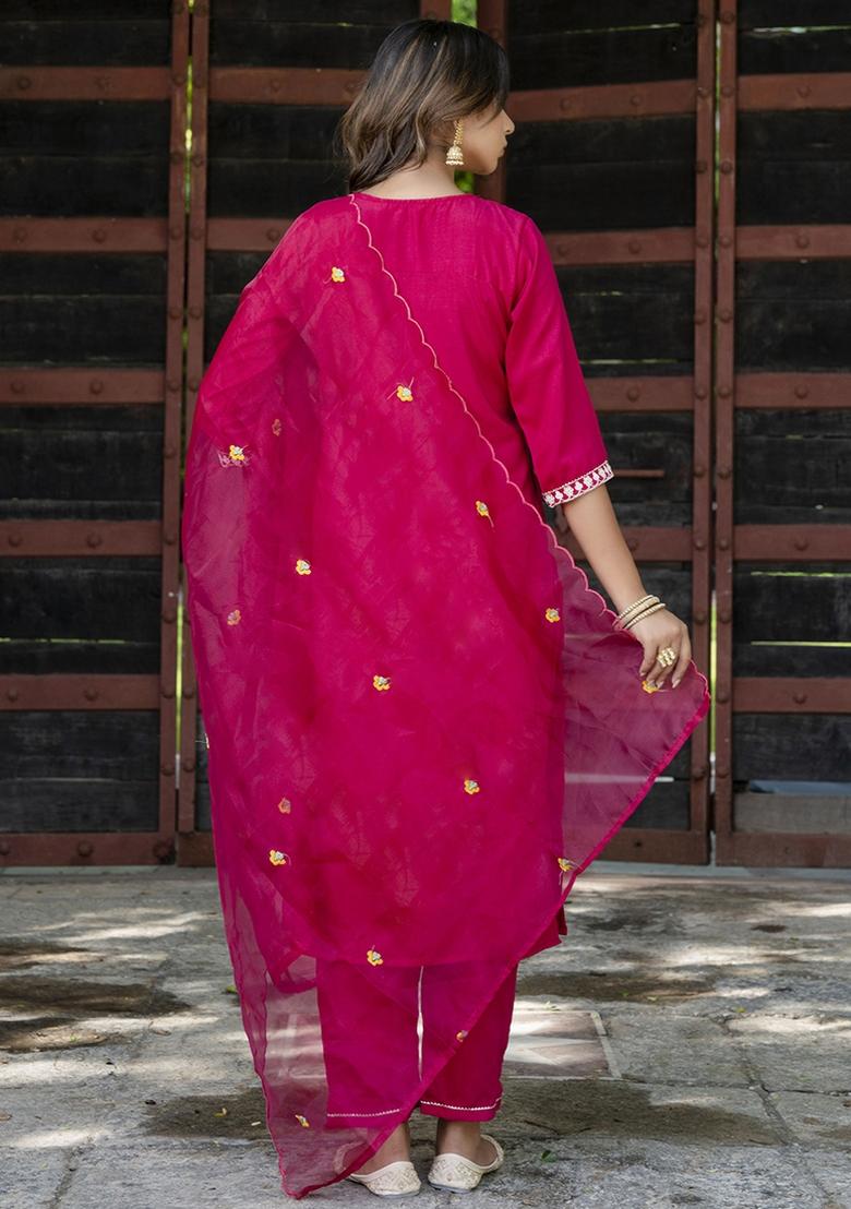 Pink Embroidered Silk Blend Kurta Set - Indya