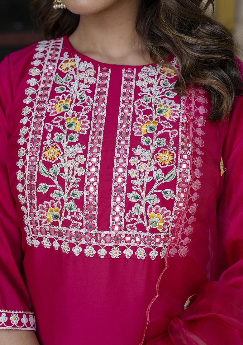 Pink Embroidered Silk Blend Kurta Set - Indya