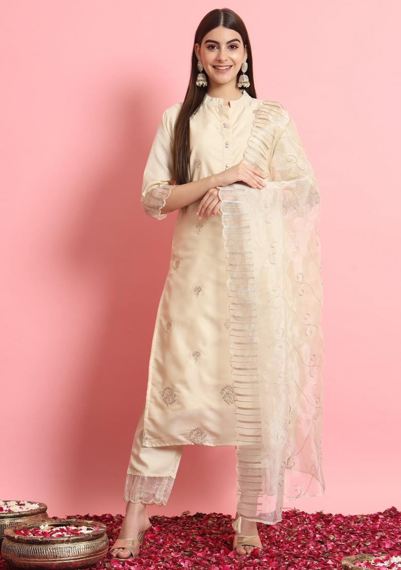 Beige Embroidered Silk Blend Kurta Set - Indya