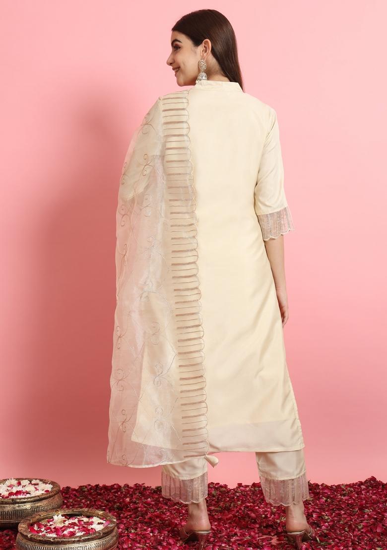Beige Embroidered Silk Blend Kurta Set - Indya