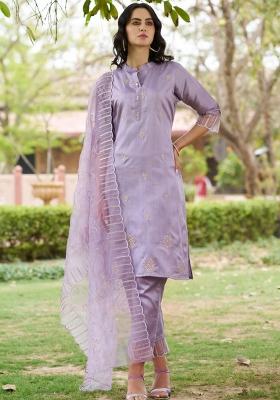 Lavender Embroidered Silk Blend Kurta Set