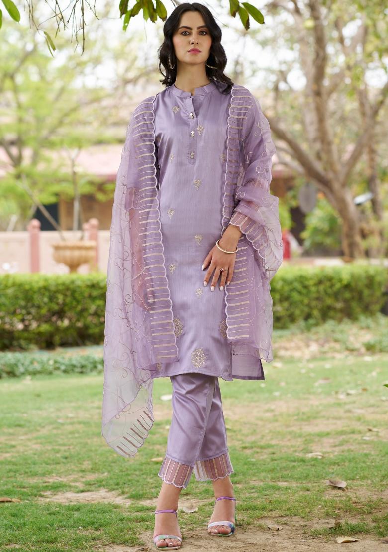 Lavender Embroidered Silk Blend Kurta Set - Indya
