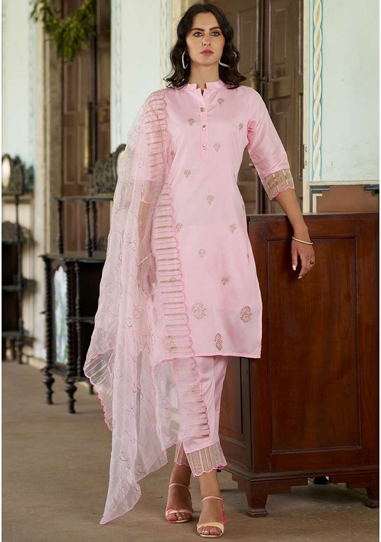 Pink Embroidered Silk Blend Kurta Set - Indya