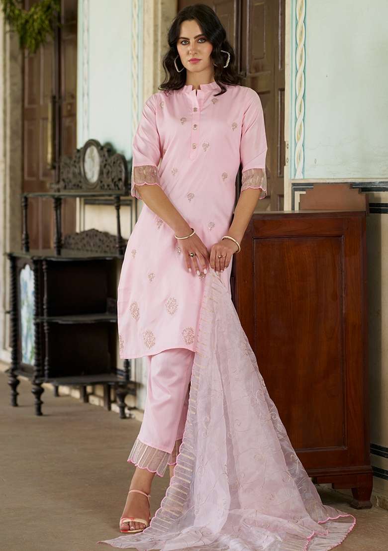 Pink Embroidered Silk Blend Kurta Set - Indya