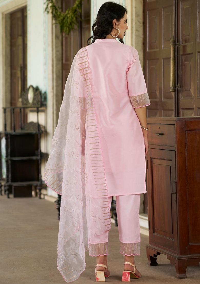 Pink Embroidered Silk Blend Kurta Set - Indya