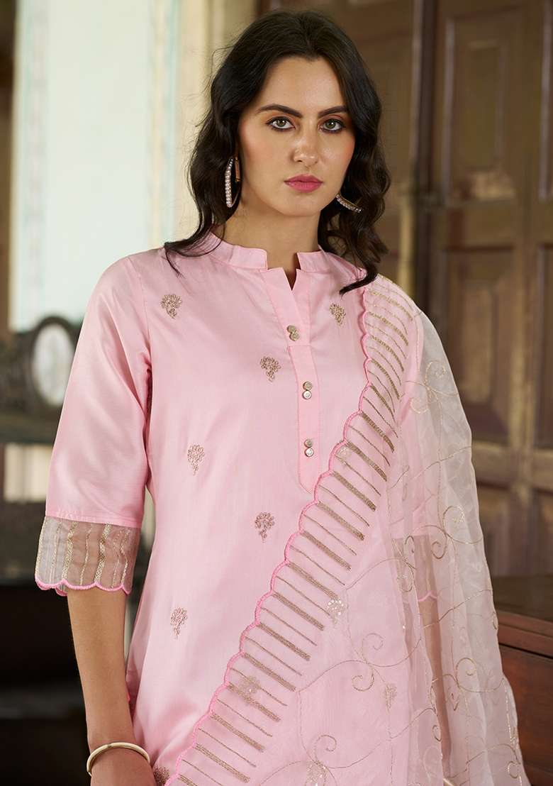 Pink Embroidered Silk Blend Kurta Set - Indya