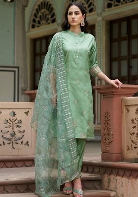 Pista Embroidered Silk Blend Kurta Set