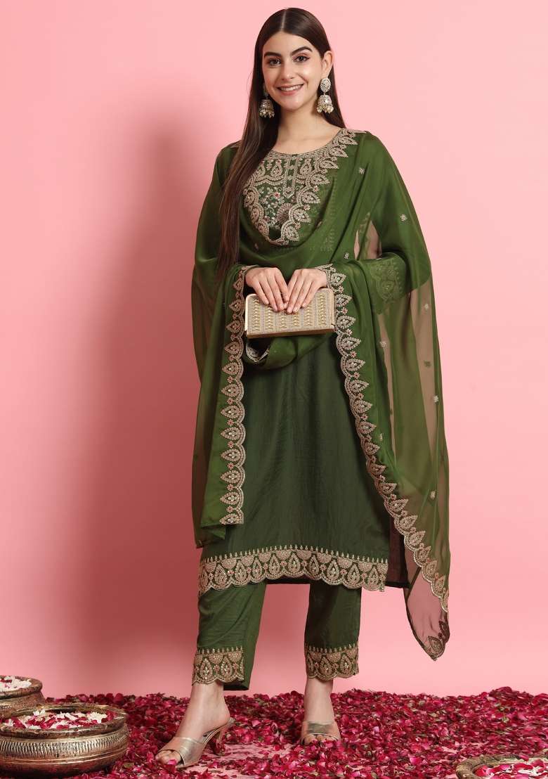 Green Embroidered Silk Blend Kurta Set - Indya