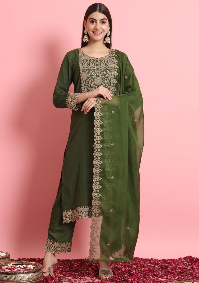 Green Embroidered Silk Blend Kurta Set - Indya