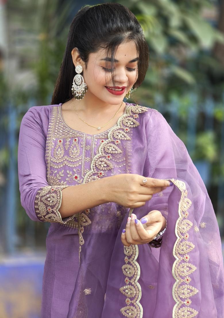 Lavender Embroidered Silk Blend Kurta Set - Indya
