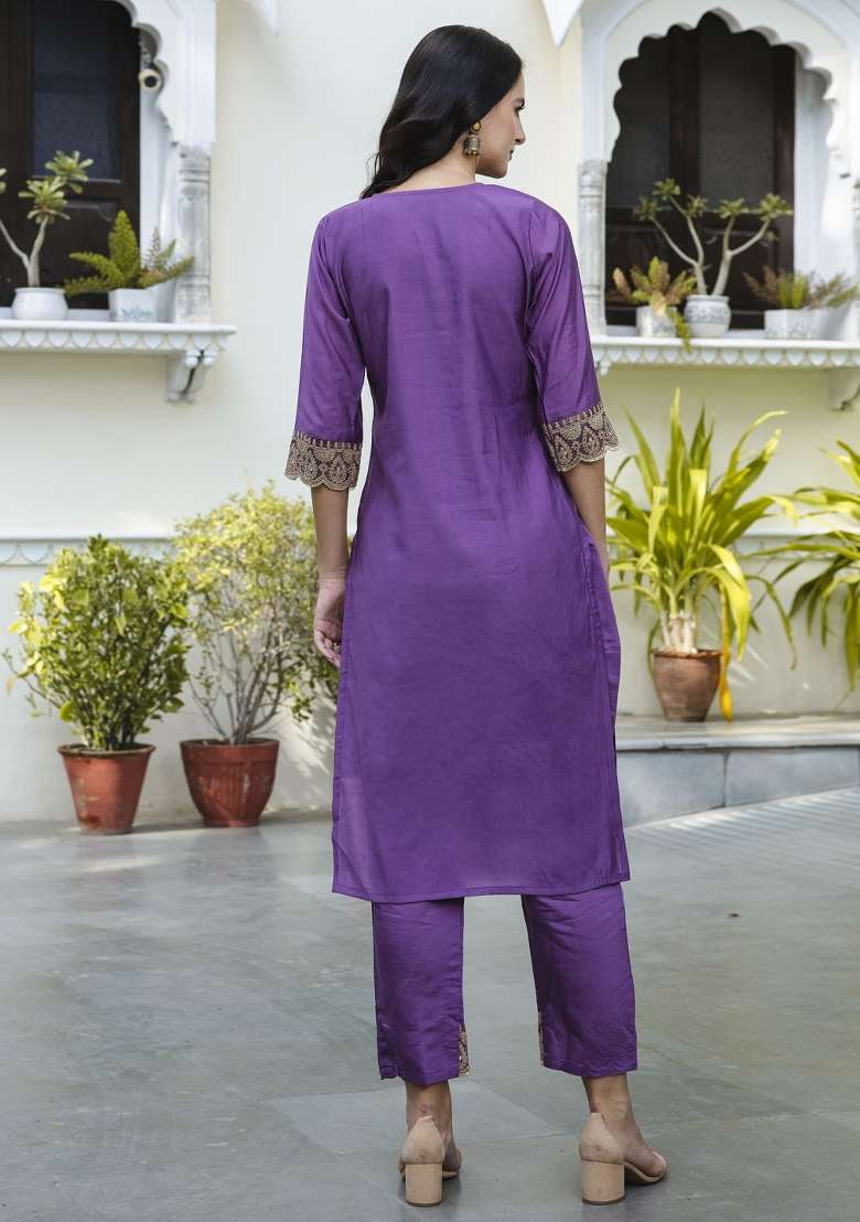 Purple Embroidered Silk Blend Kurta Set - Indya