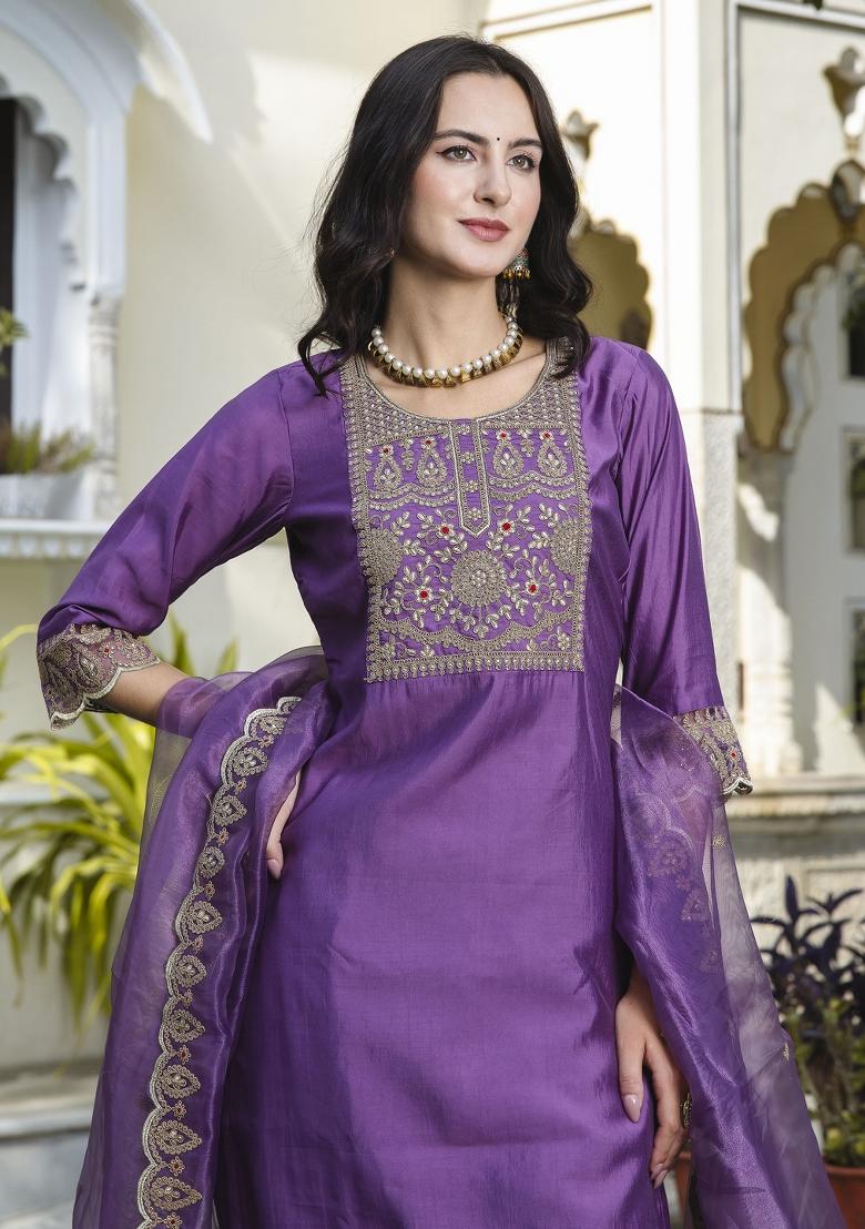 Purple Embroidered Silk Blend Kurta Set - Indya