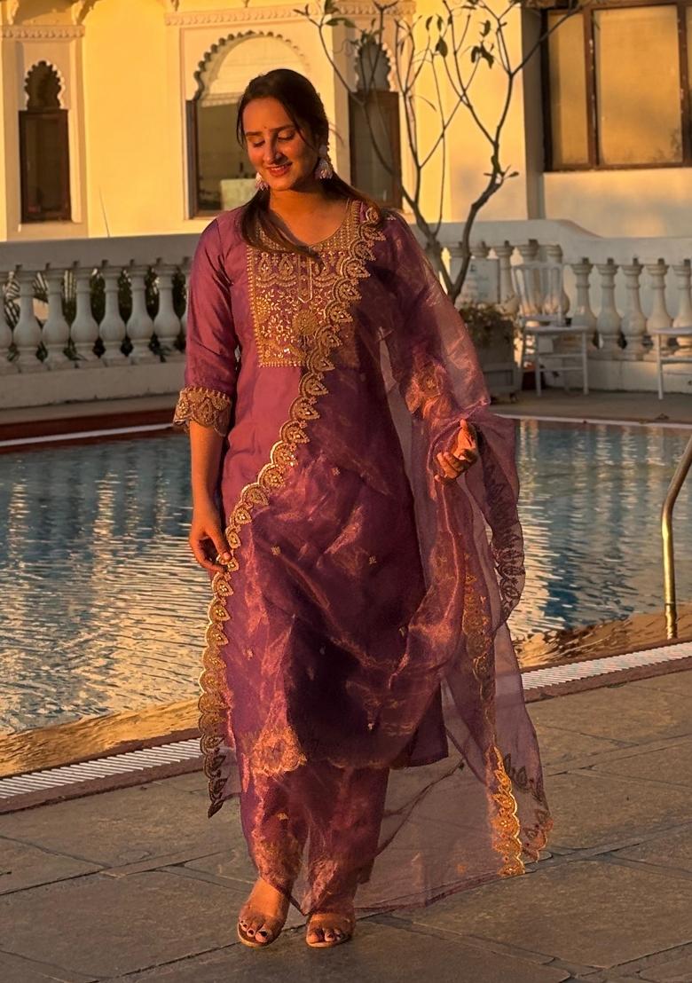 Purple Embroidered Silk Blend Kurta Set - Indya
