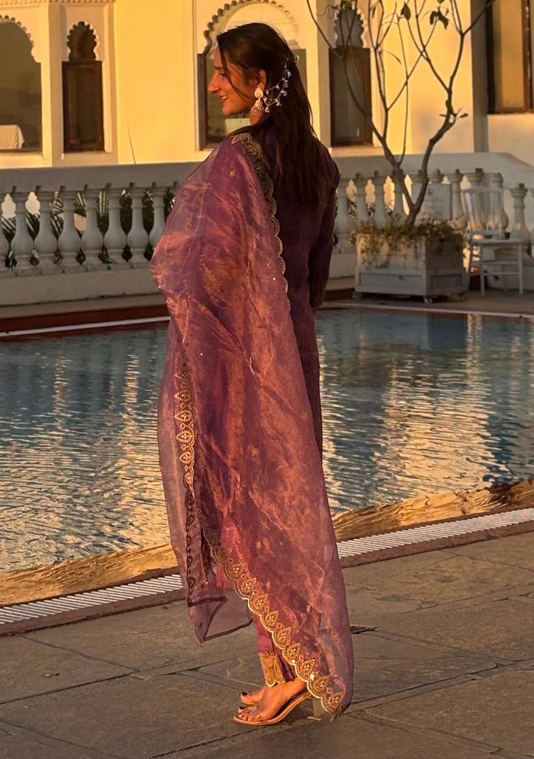 Purple Embroidered Silk Blend Kurta Set - Indya