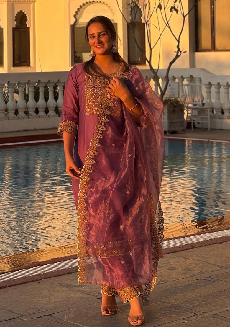 Purple Embroidered Silk Blend Kurta Set - Indya