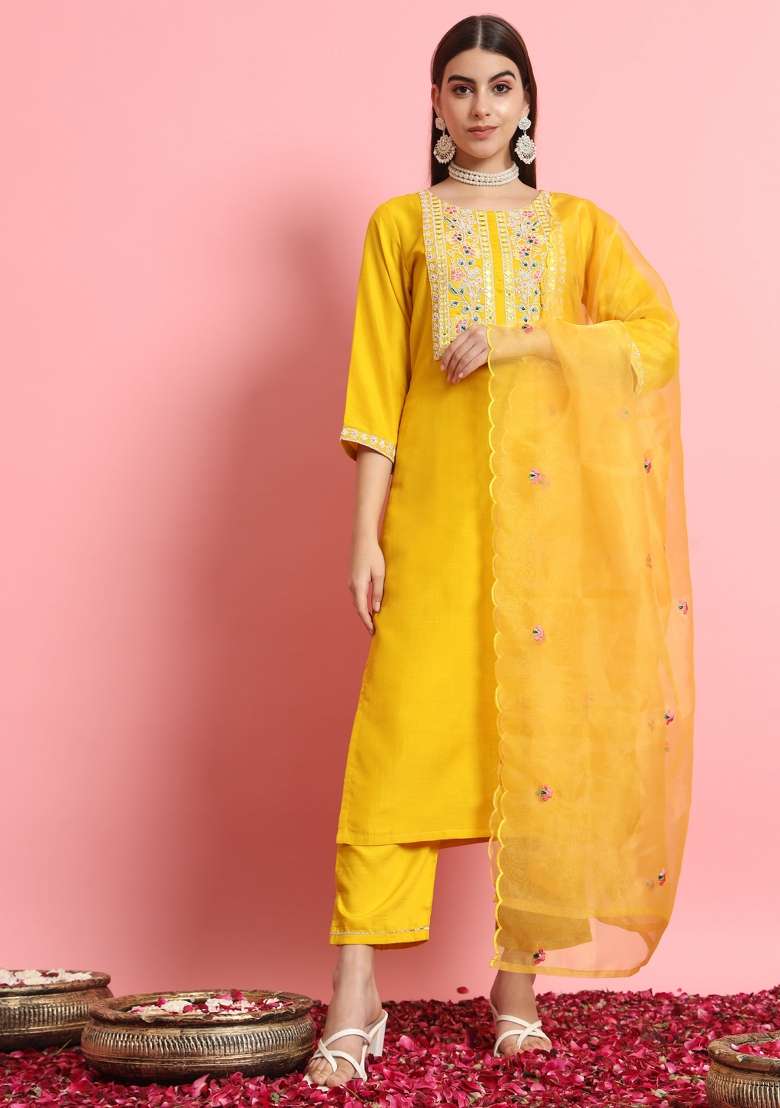 Yellow Embroidered Silk Blend Kurta Set - Indya