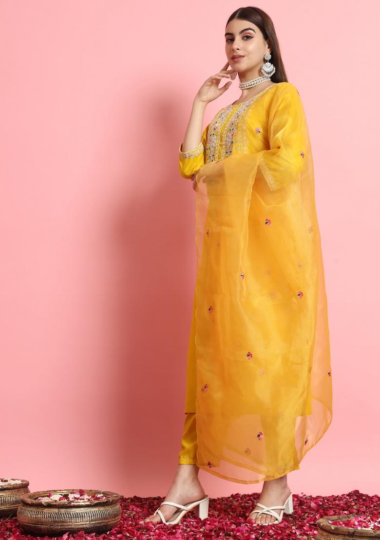 Yellow Embroidered Silk Blend Kurta Set - Indya