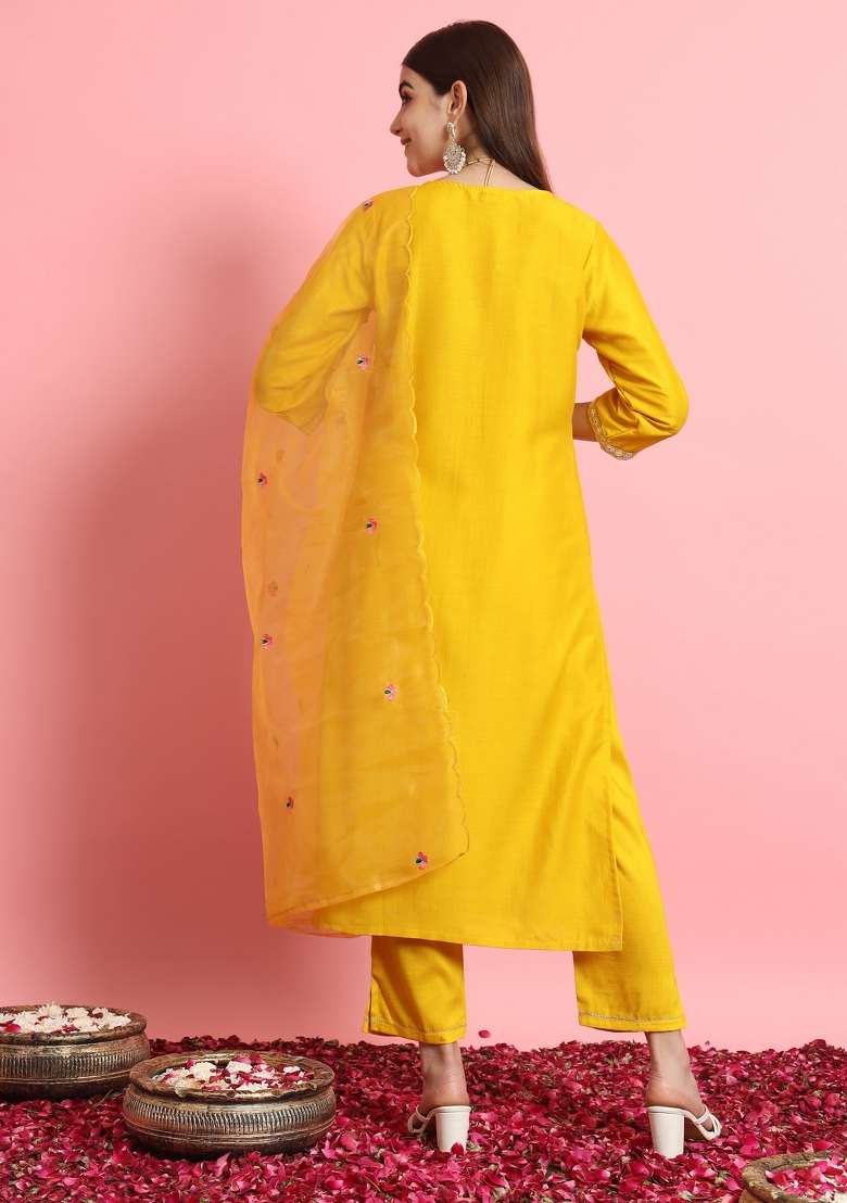 Yellow Embroidered Silk Blend Kurta Set - Indya