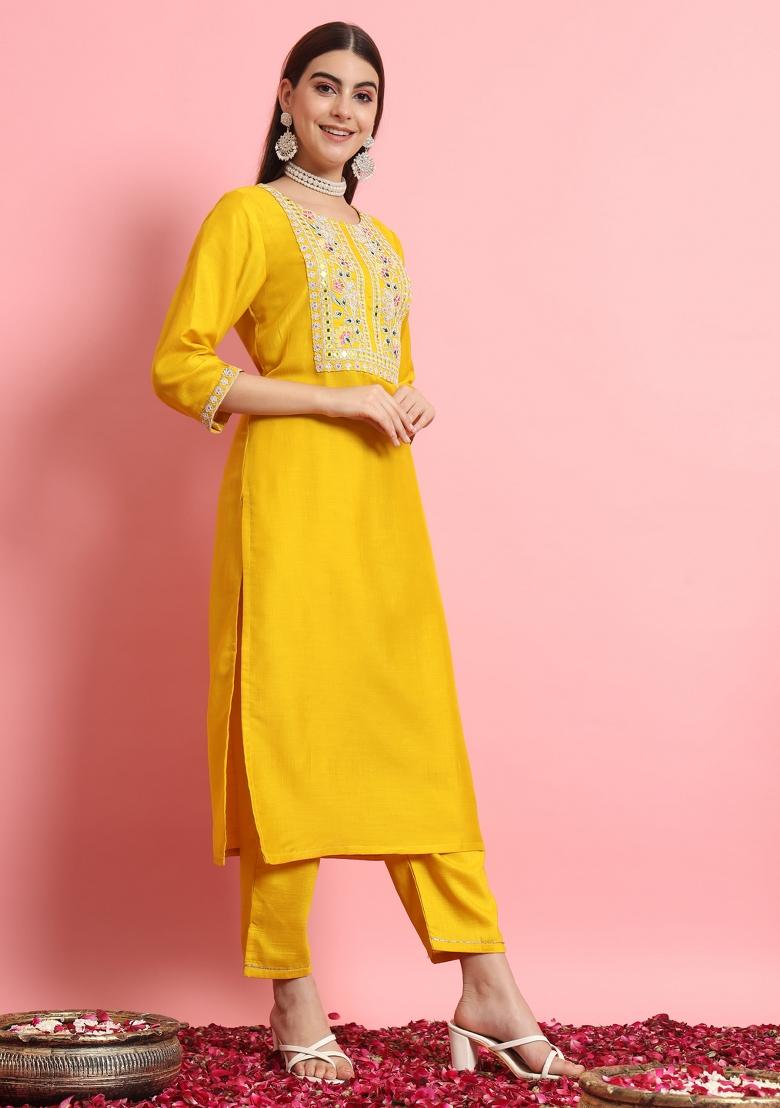 Yellow Embroidered Silk Blend Kurta Set - Indya
