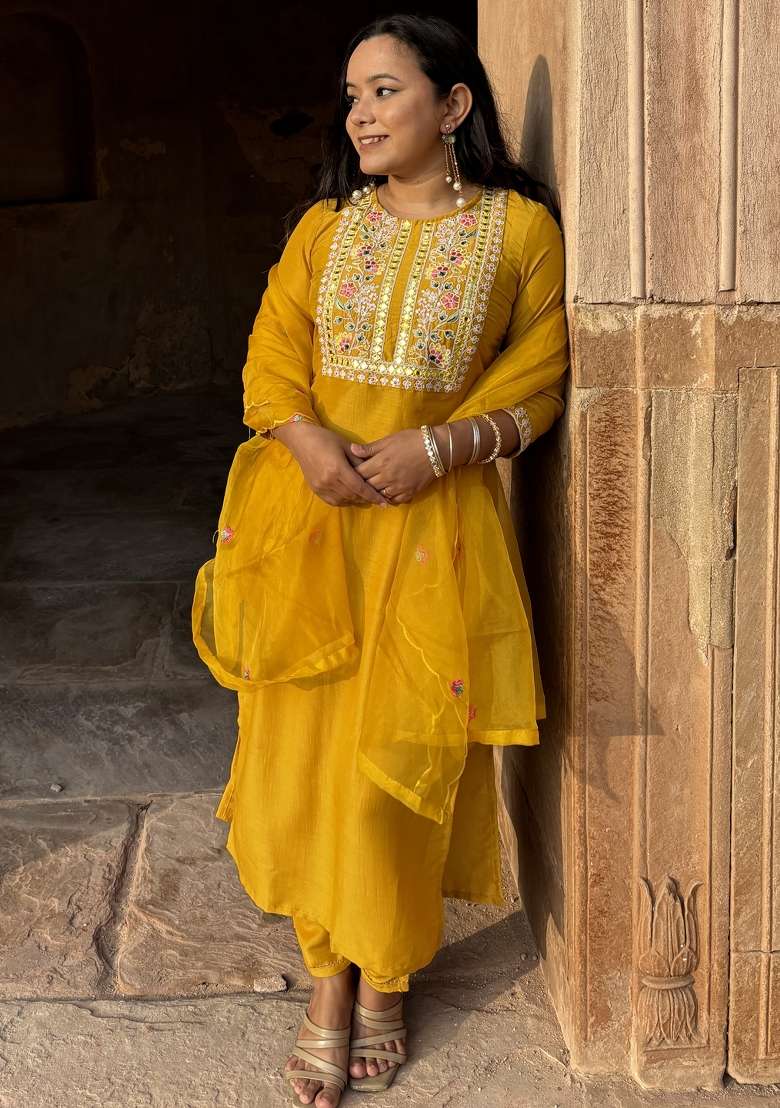 Yellow Embroidered Silk Blend Kurta Set - Indya