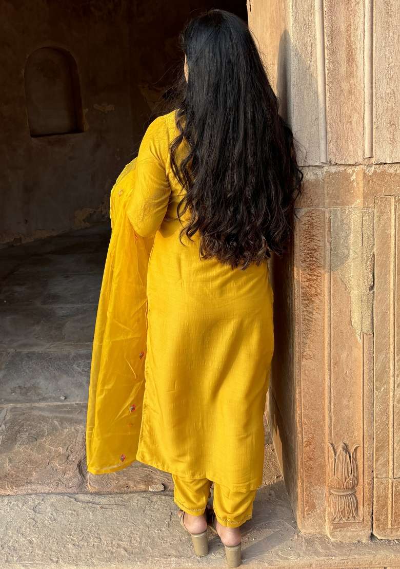 Yellow Embroidered Silk Blend Kurta Set - Indya