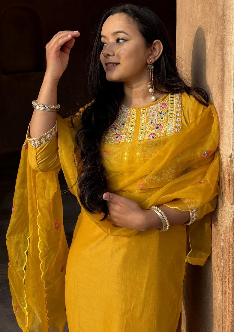 Yellow Embroidered Silk Blend Kurta Set - Indya
