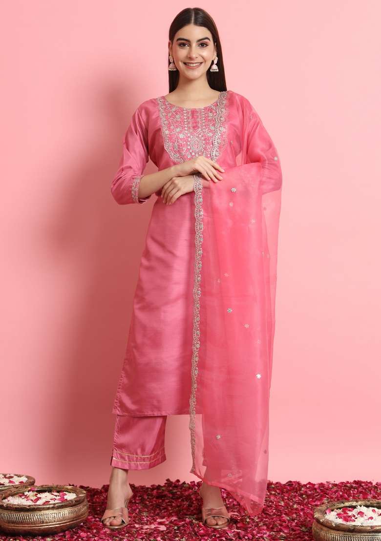 Pink Embroidered Silk Blend Kurta Set - Indya