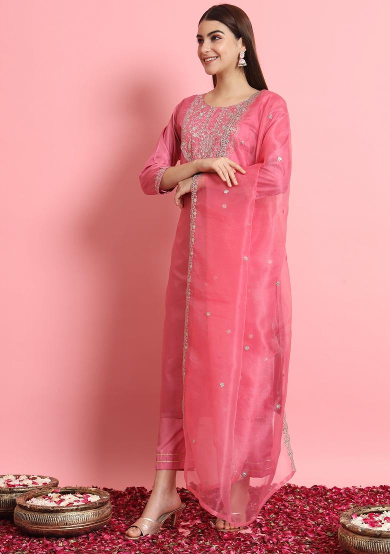 Pink Embroidered Silk Blend Kurta Set - Indya