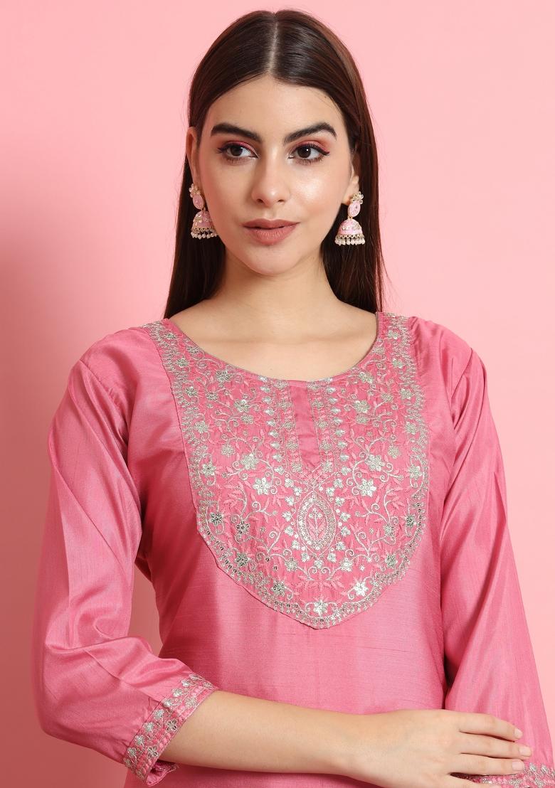 Pink Embroidered Silk Blend Kurta Set - Indya
