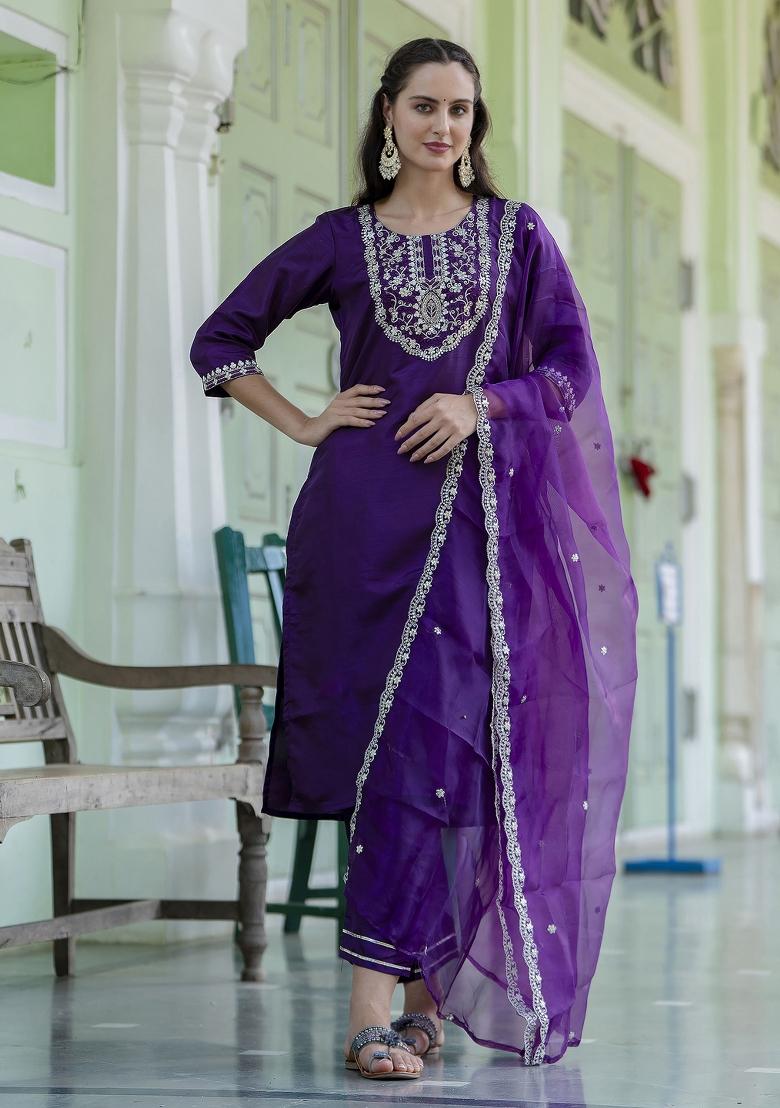 Purple Embroidered Silk Blend Kurta Set - Indya