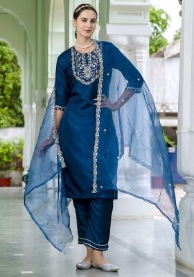Teal Blue Embroidered Silk Blend Kurta Set
