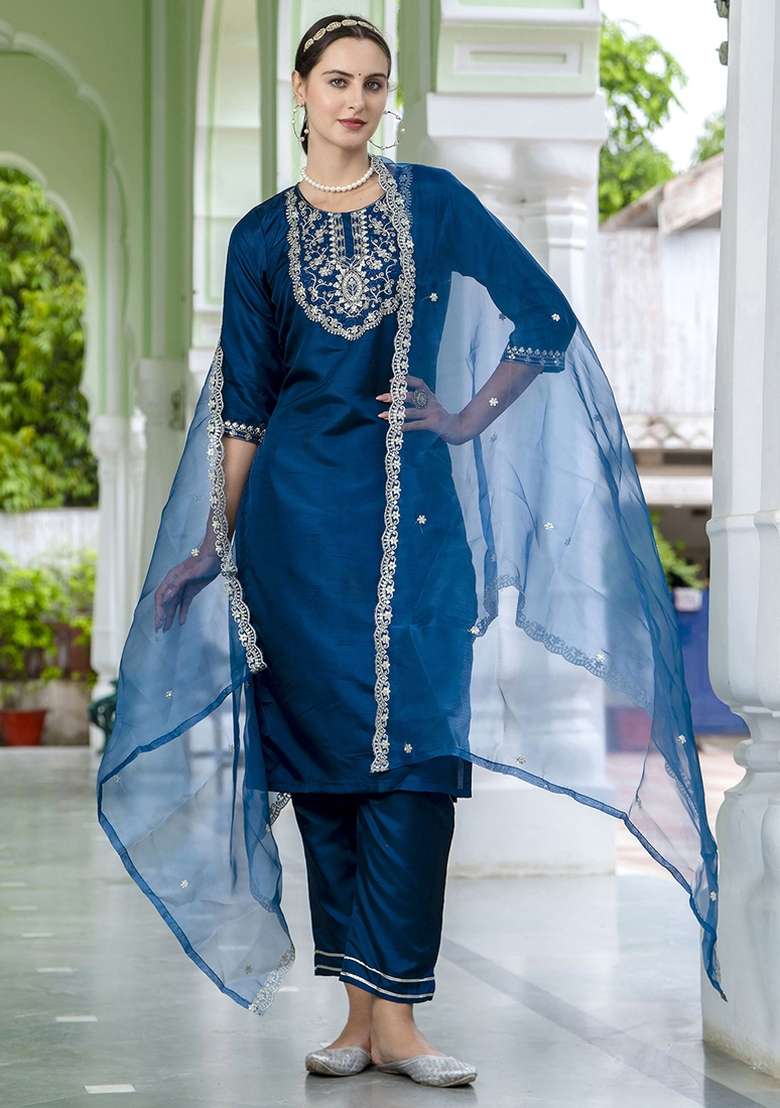 Teal Blue Embroidered Silk Blend Kurta Set - Indya