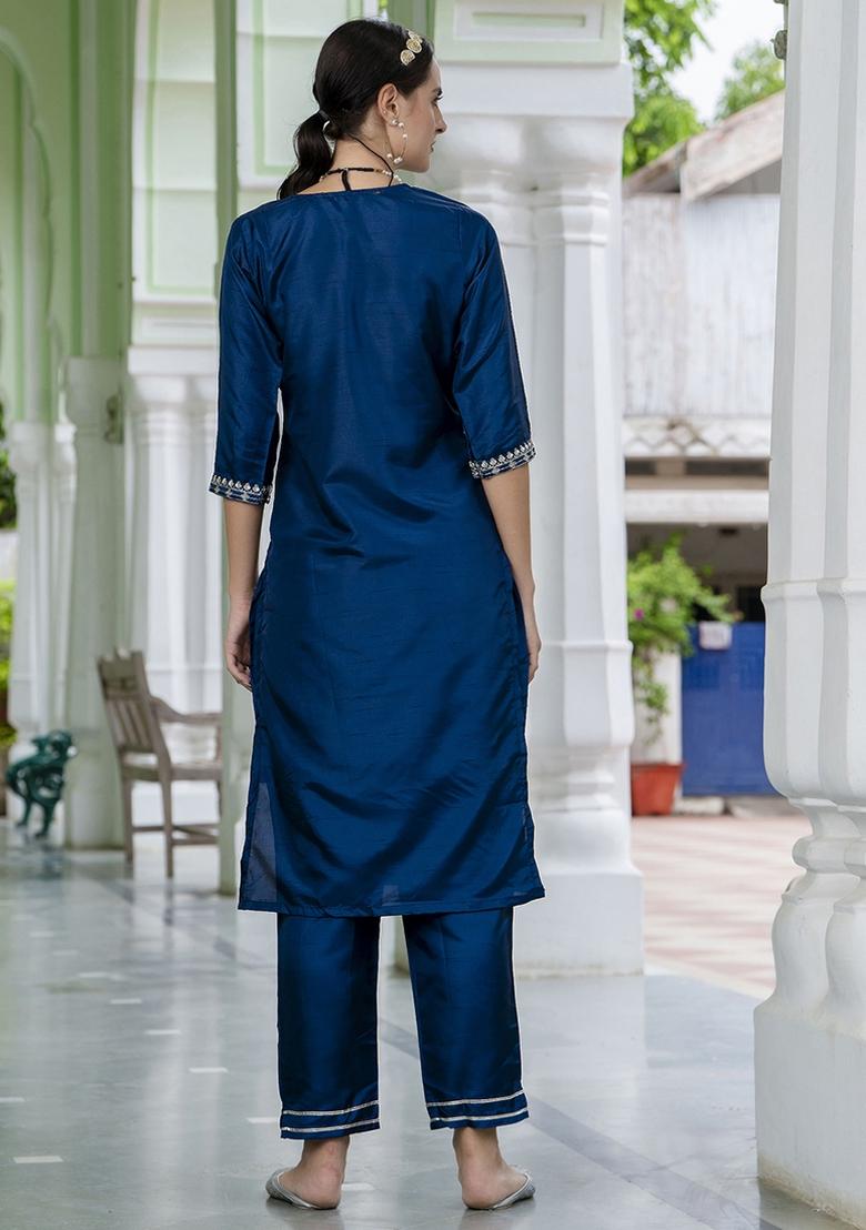 Teal Blue Embroidered Silk Blend Kurta Set - Indya