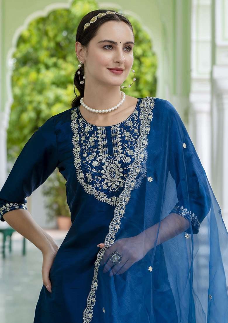 Teal Blue Embroidered Silk Blend Kurta Set - Indya