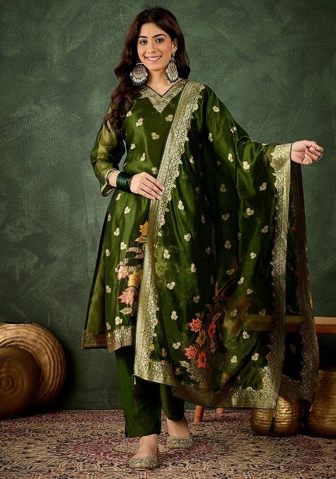 Mehendi Organza Meenakari&nbsp; Silk Organza Kurta Set