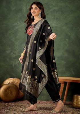 Black Banarasi Woven Self Designed Silk Blend Kurta Set