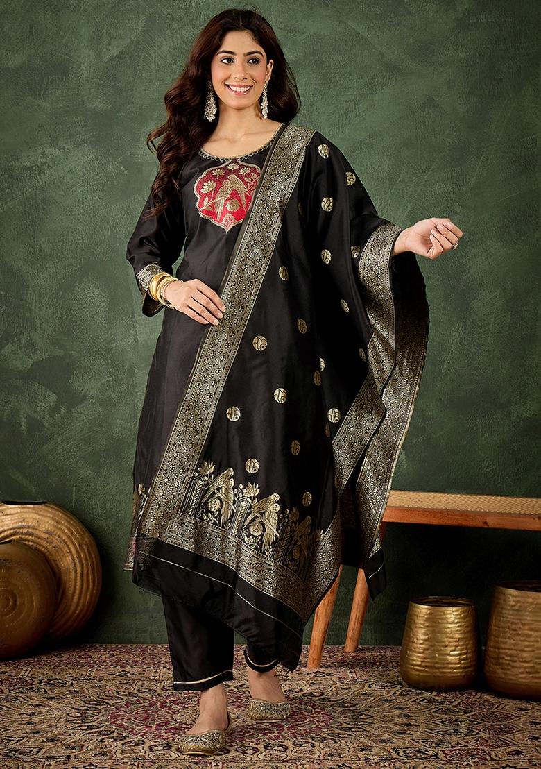 Black Banarasi Woven Self Designed Silk Blend Kurta Set - Indya