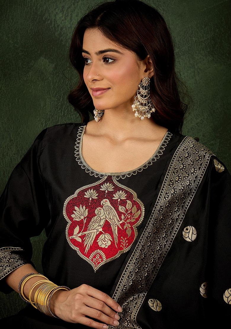 Black Banarasi Woven Self Designed Silk Blend Kurta Set - Indya