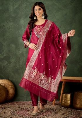 Chery Red Banarasi Woven Self Designed Silk Blend Kurta Set
