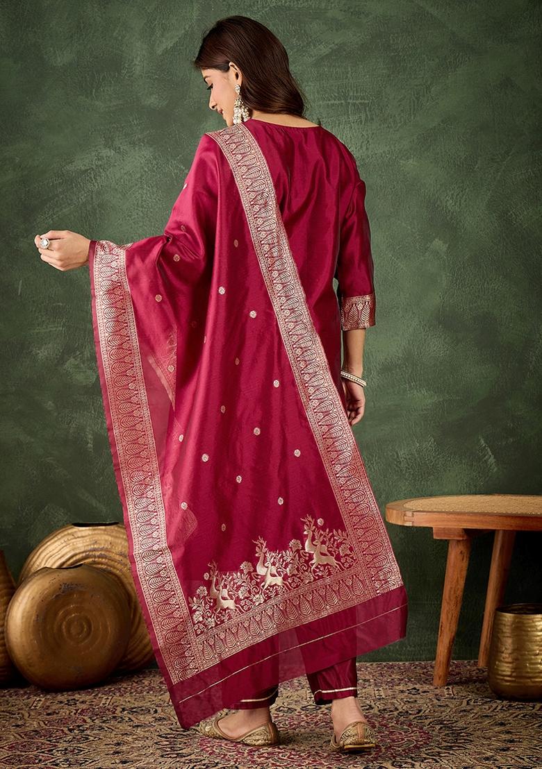 Chery Red Banarasi Woven Self Designed Silk Blend Kurta Set - Indya