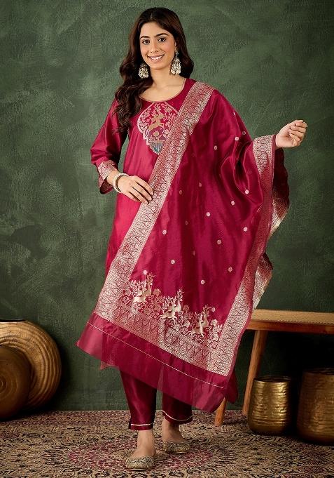 Chery Red Banarasi Woven Self Designed Silk Blend Kurta Set