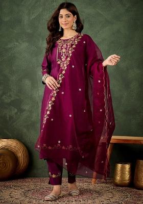 Purple Embroidered Viscose Rayon Kurta Set