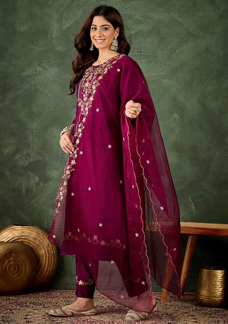 Purple Embroidered Viscose Rayon Kurta Set - Indya