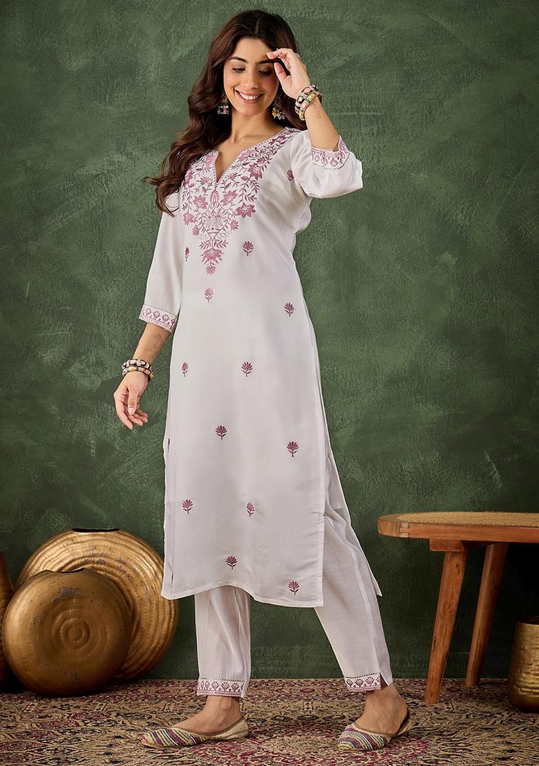 Lavender Embroidered Roman Silk Blend Kurta Set - Indya