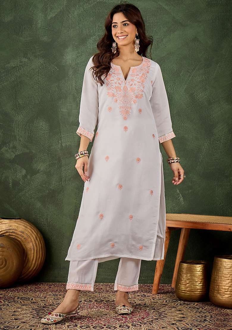 Peach Embroidered Roman Silk Blend Kurta Set - Indya